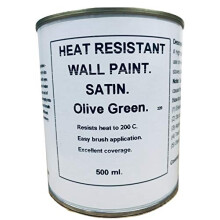 1 x 500ml Satin Olive/Dark Green Heat Resistant Wall Paint. Wood Burner Stove Alcove. Brick, Concrete, Plaster, Cement Board, Rendering, Metal, Timber