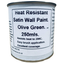 1 x 250ml Satin Olive/Dark Green Heat Resistant Wall Paint. Wood Burner Stove Alcove. Brick, Concrete, Plaster, Cement Board, Rendering, Metal, Timber