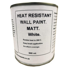 1 x 500ml Matt White Heat Resistant Wall Paint. Wood Burner Stove Alcove. Brick, Concrete, Plaster, Cement Board, Rendering, Metal, Timber etc.