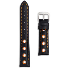 Black Leather Rally Watch Strap - Orange Holes 22mm - Handmade Perforated Racing Band with Silver Buckle - Black/Orange 22mm