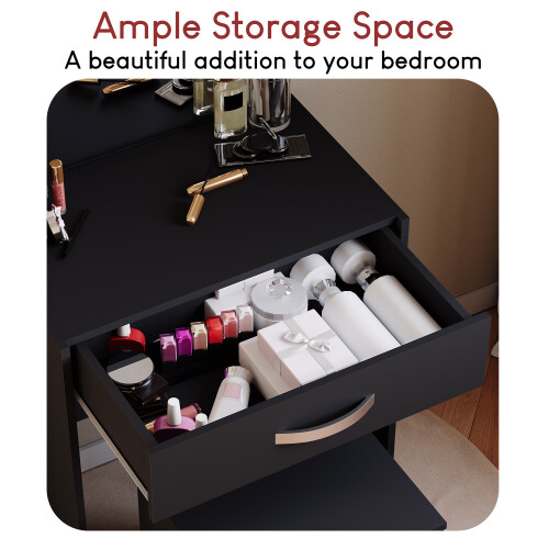 Home Discount (Black) Isla 1 Drawer Dressing Table Stool Mirror Set 2