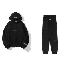 (S,black)ESSENTIALS 3D Silicone Letter Flocking Print American Sweater Jacket + Pants Casual Suit for Men and Women
