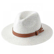 (59cm, Milky white01) 56-58-59-60CM New Natural Panama Soft Shaped Straw Hat Summer Women/Men Wide Brim Beach Sun Cap UV Protection Fedora Hat