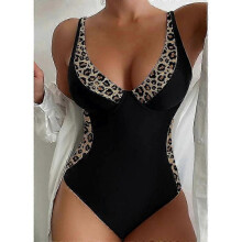 (S, Leopard) Holiday Swimwear Color Block Scoop Neck Lapel One Piece Swimsuit Stretchy Elegant Bathing Suit Bikini for Women