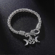 Triple Moon Goddess Bracelets for Men Women Vintage Heart Lock Wheat Chain Bracelet Magic Pentagram Amulet Witch Wicca Jewelry
