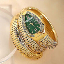 (Gold Green) Women Snake Bracelet Watch Serpentine Bling Diamond Quartz Watches