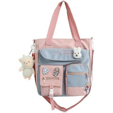 Aesthetic School Bags with Kawaii Pin and Cute Accessories Kawaii Tote Bag for Teen Girls