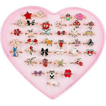 36 Pcs Girls Rings Adjustable Rings for Princess with Heart Shape Box for Kids Party Favors