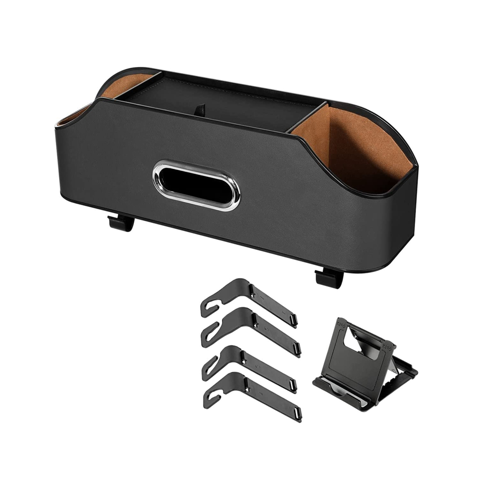 Car Headrest Backseat Organizer With 2 Drink Cup Holder, Cell Phone Holders, Hooks And Tissue Box Accessories - Black 4851097973229