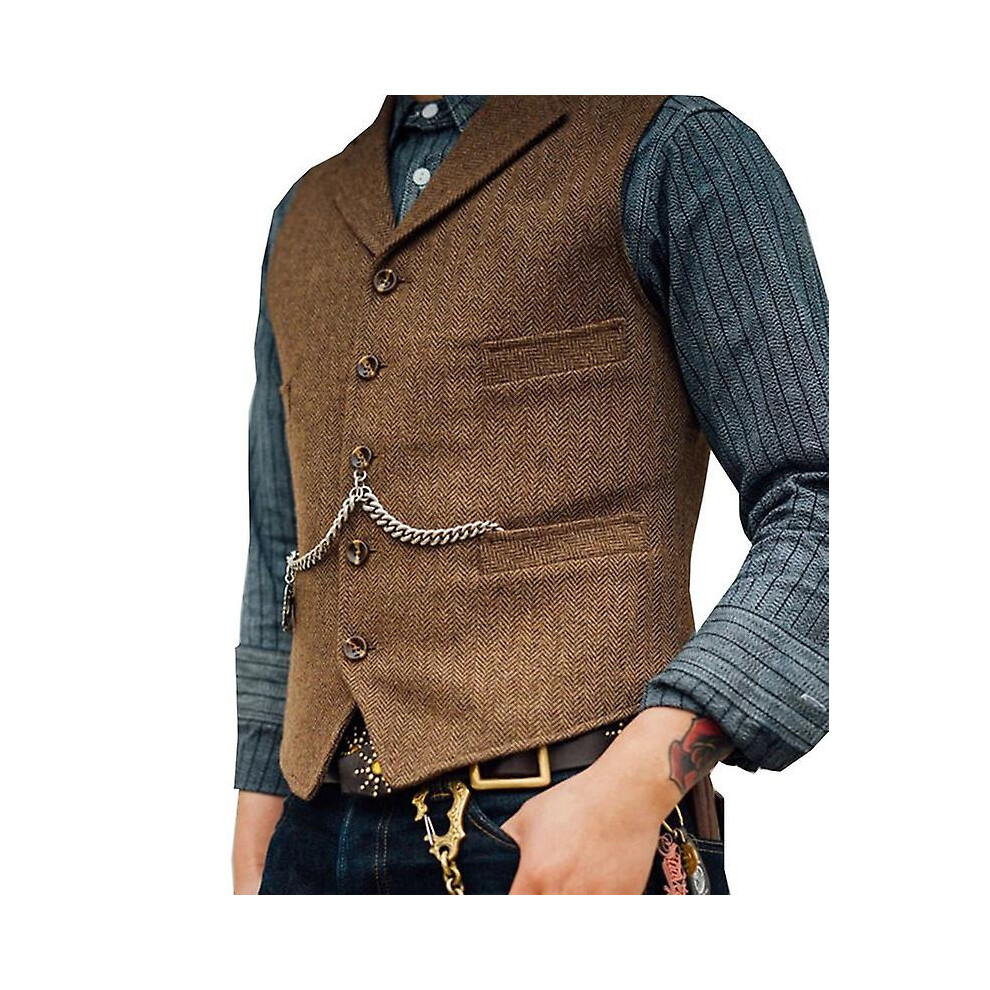 (M-marron clair) Gilet de costume pour homme marron mariage laine tweed affaires gilet veste décontracté