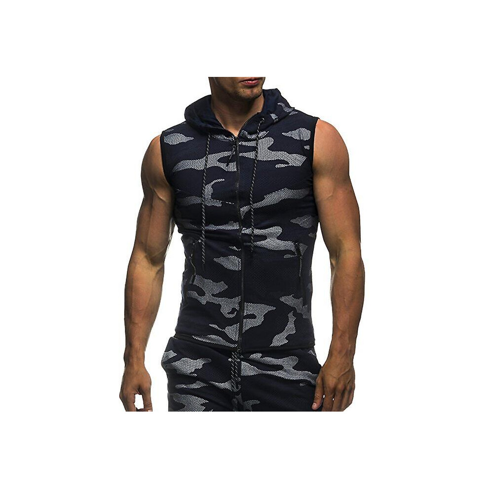 (2XL-bleu marine) Sweat à capuche sans manches pour homme, mode décontractée, débardeur de musculation,