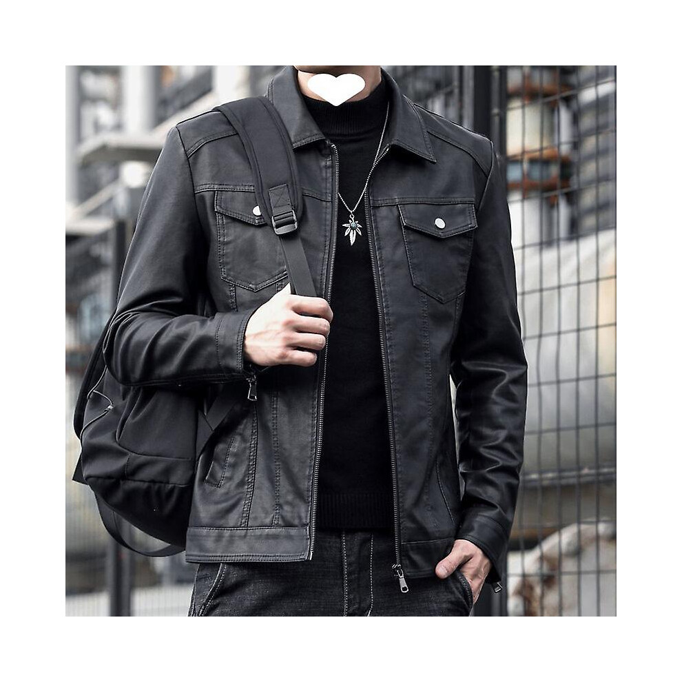 (2XL-901 noir fin) Veste de moto en cuir pour homme, grande taille, poche, fermeture éclair, revers,