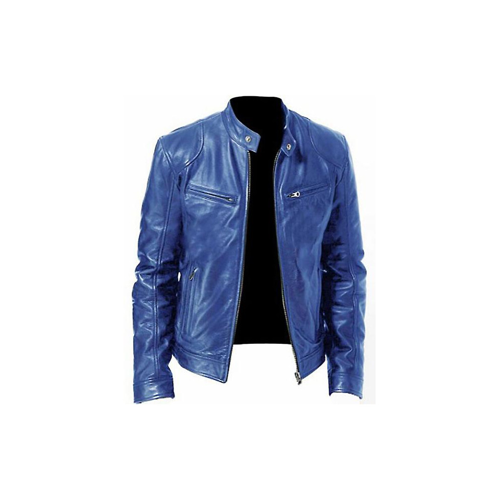 (L-bleu royal) Veste de moto en cuir pour homme, coupe ajustée, manteau court, revers, vestes en PU,