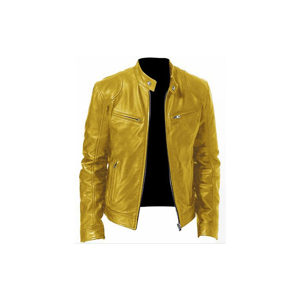 (2XL-jaune) Veste de moto en cuir pour homme, coupe ajustée, manteau court, revers, vestes en PU, nouvelle