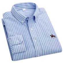(38-blu bianco)Camicia in cotone Oxford da uomo a maniche lunghe, a quadri e a righe, casual, da uomo,