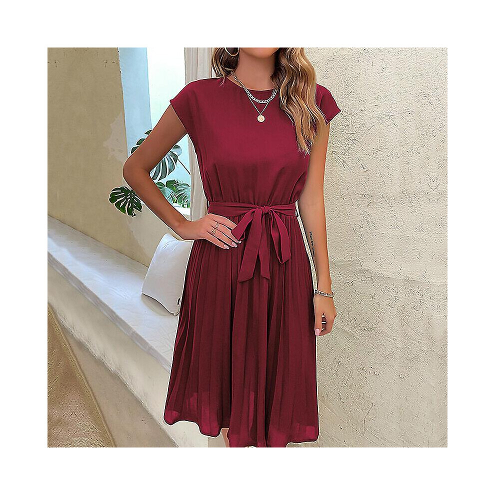 (S-Claret) Robe d'été élégante : robe midi plissée à pois de haute qualité avec manches courtes, élastique