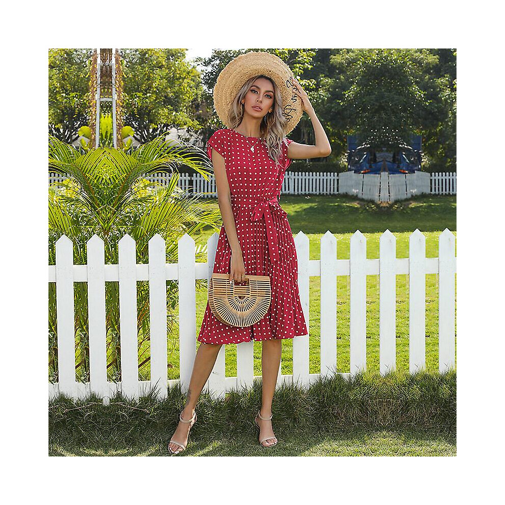 (XL-Claret) Robe d'été élégante : robe midi plissée à pois de haute qualité avec manches courtes, élastique