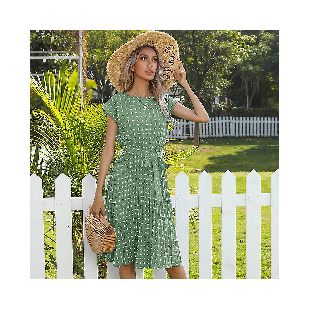 (M-Vert Menthe) Robe d'été élégante : Robe midi plissée à pois de haute qualité avec manches courtes,