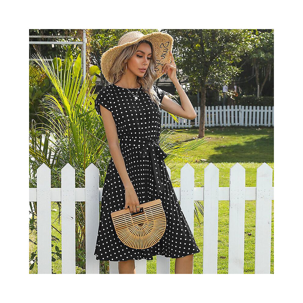 (L-Noir) Robe d'été élégante : robe midi plissée à pois de haute qualité avec manches courtes, élastique