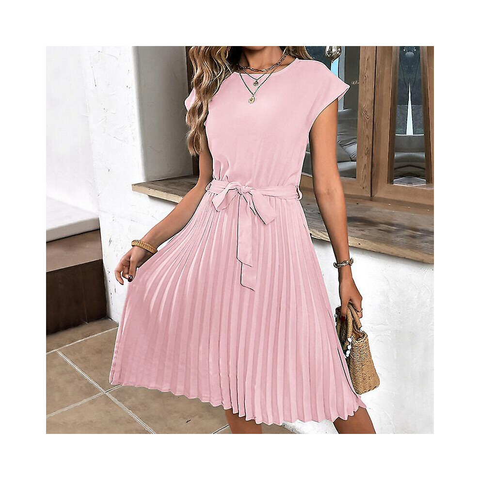 (S-Rose) Robe d'été élégante : robe midi plissée à pois de haute qualité avec manches courtes et élastique