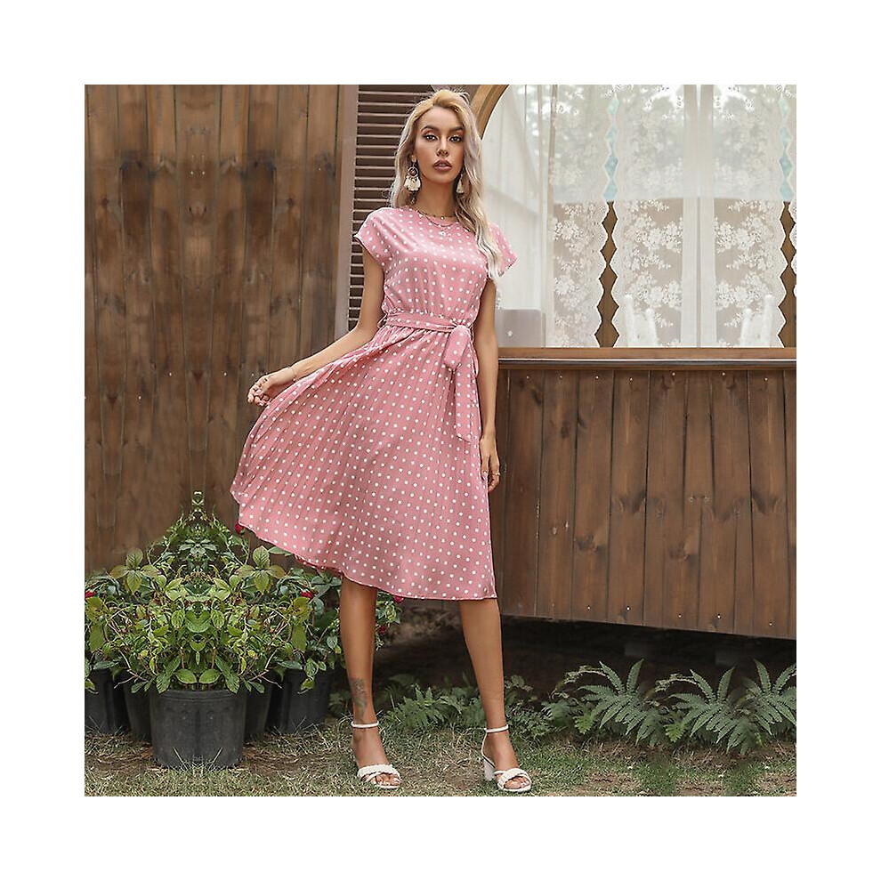 (L-Rose) Robe d'été élégante : robe midi plissée à pois de haute qualité avec manches courtes et élastique