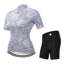 (XS-J1-witte bladeren) Premium damesfietsshirt: prachtige prints, nauwsluitende pasvorm, hoge kwaliteit,
