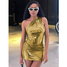 (M-gold) Frauen Sexy Party Club Streetwear Geburtstag Bodycon Mini Kleid 2025 Sommer Herbst Kleidung