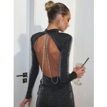 (P-preto) Vestido de festa sexy com costas nuas e corrente brilhante para mulheres, roupas elegantes,