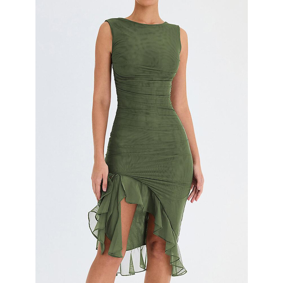 (M-hhgreen) Robe mi-longue élégante à volants et fronces pour femme, robe d'été sans manches, dos nu,