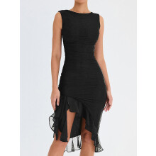 (M-hhblack) Elegantes Rüschen-Midikleid für Damen, Robe, Sommer, neu, rückenfrei, ärmellos, unregelmäßig