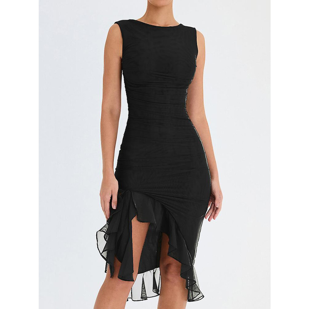 (M-hhblack) Robe mi-longue élégante à volants et fronces pour femme, robe d'été sans manches, dos nu,