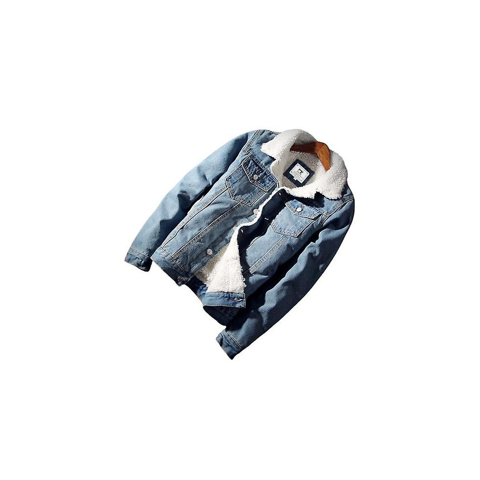 (S-bleu clair) Veste en jean épaisse polaire chaude tendance mode hiver veste en jean pour homme manteau