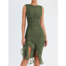 (S-hhgreen) Elegantes Rüschen-Midikleid für Damen, Robe, Sommer, neu, rückenfrei, ärmellos, unregelmäßig