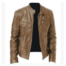(S-khaki)Módna pánska kožená bunda Slim Fit Stojanový golier Pu Jacket Pánska Motocyklová klopa proti