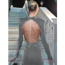(S-sliver) Vestido de festa sexy com costas nuas e corrente brilhante para mulheres, roupas elegantes,