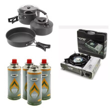 NGT Stainless Steel Fishing Camping Stove + Gas + Kettle Pan Cooking Set