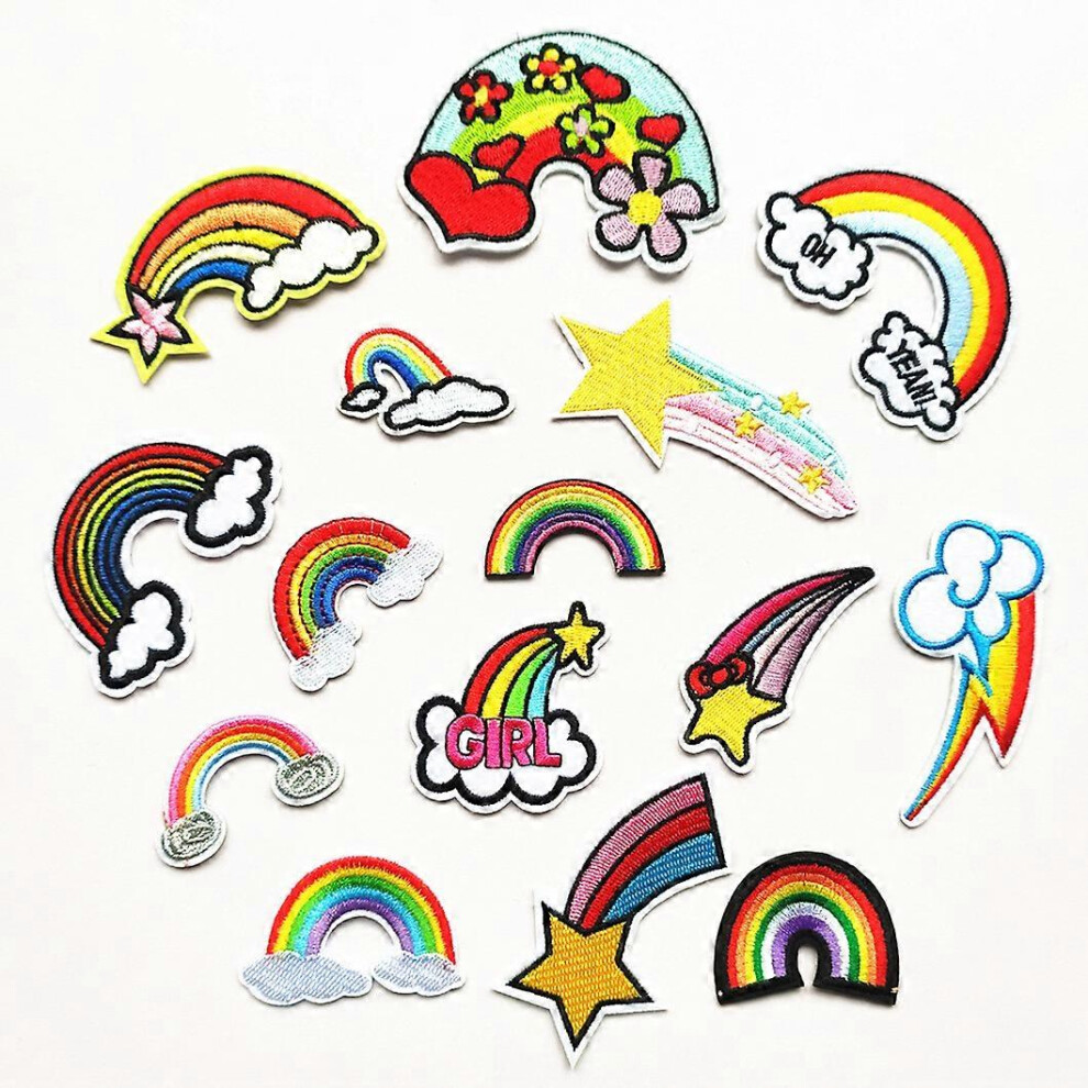 (As Show, One Size) A Set Of 15 Rainbow Patches Embroidery Stickers Patches Black Embroidery Fabric Stickers Colorful Fabric Stickers Colorful Stars S 4704245277970
