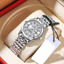 (Silver White Face) Womens Stainless Steel Quartz Watches Waterproof Luminous Calendar Wristwatches