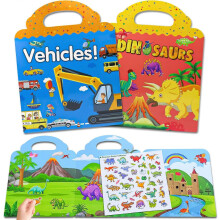 (As show, One size) 2 Piece Kids Sticker Book Re-adhesive Sticker Book Dinosaur and Vehicle Models and Activity Scene Pages Gift for Kids Ages 3 and Up