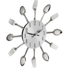(As show, One size) Silver Cutlery Wall Clock, Kitchen Watch Spoons & Forks, 31 cm, Metal, Battery Operated, Noiseless