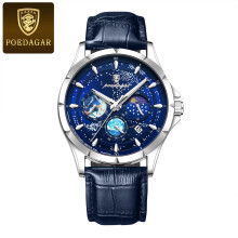 (Silver Dark Blue Face) Men's Leather Quartz Watches Date Chronograph Wristwatch Waterproof Luminous