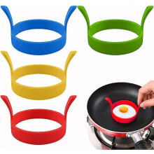 (As show, One size) 4 flat egg molds, (blue, orange, green and red silicone egg molds, pancake cutters, flat eggs for hamburgers, Patty's Desserts)