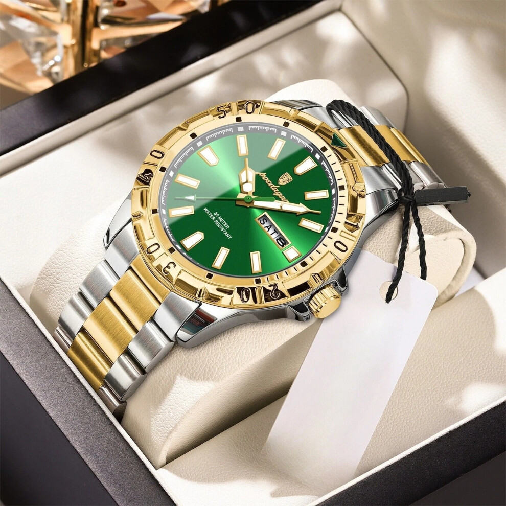 (Gold Silver Green Face) Luxury Men's Watches Waterproof Luminous Quartz Watch Man Calendar Wristwatch Hot