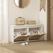 (White) HOMCOM Boho Shoe Bench with Padded Seat and 2 Flip-Drawers