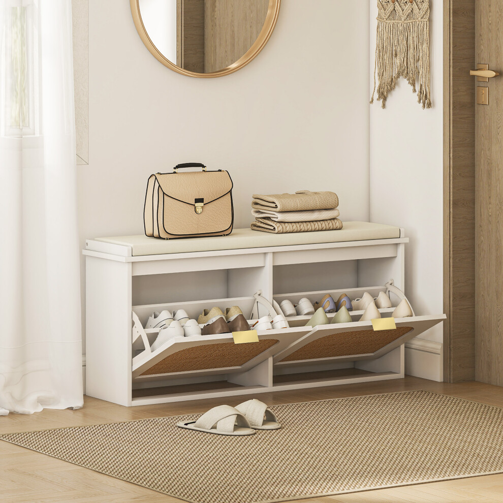 Homcom (White) Boho Shoe Bench With Padded Seat And 2 Flip-Drawers White