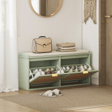 (Grey) HOMCOM Boho Shoe Bench with Padded Seat and 2 Flip-Drawers