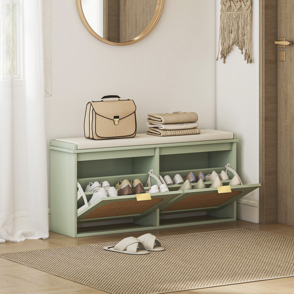 Homcom (Grey) Boho Shoe Bench With Padded Seat And 2 Flip-Drawers Grey
