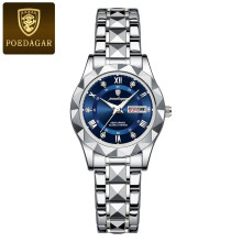 (Silver Dark Blue) Womens Stainless Steel Quartz Watch Waterproof Luminous Date Wristwatch Gift Hot