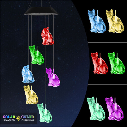 Solar-Powered Cat Wind Chimes With Color-Changing Led Lights