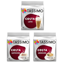 Tassimo 3 Costa Variety Bundle - Costa Latte , Americano and Cappuccino Coffee (32 Servings Total)